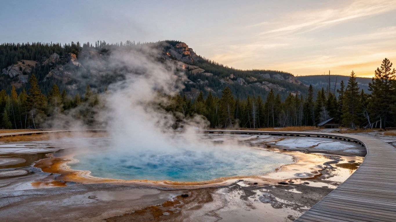 Yellowstone geyser basin at golden sunrise