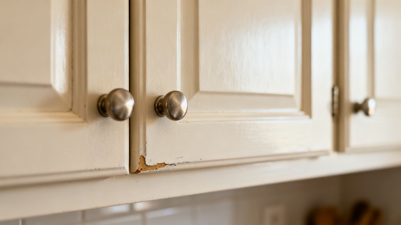 Close view of worn painted cabinet edges