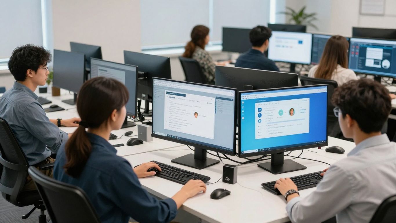 People working together at computers in modern office