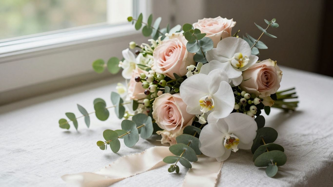 Close-up of wedding buttonhole flowers