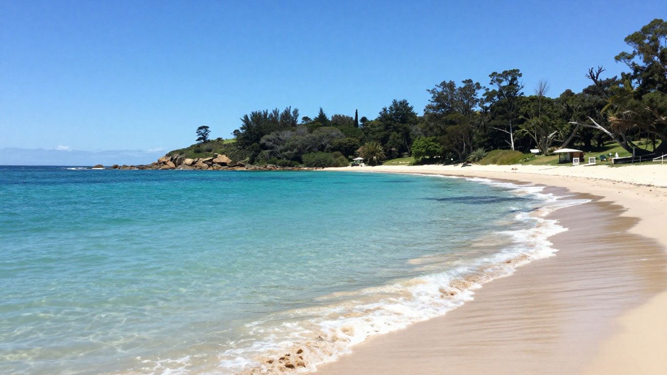 Scenic view of Salamander Bay with clear blue water and green trees.