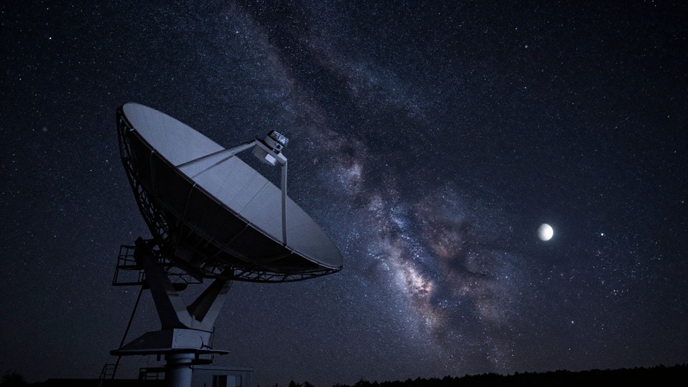 Satellite dish against a starry night sky.