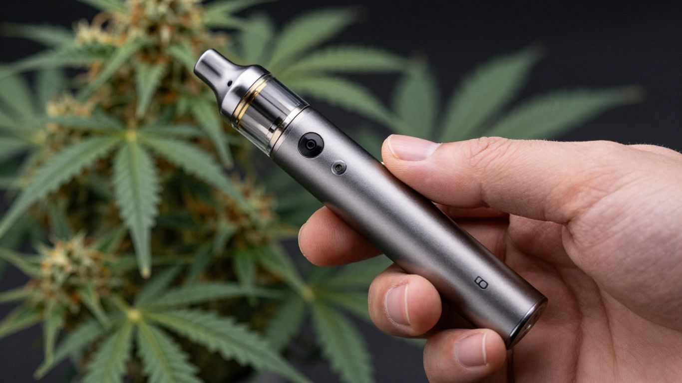 Vape pen held with cannabis flower in background.
