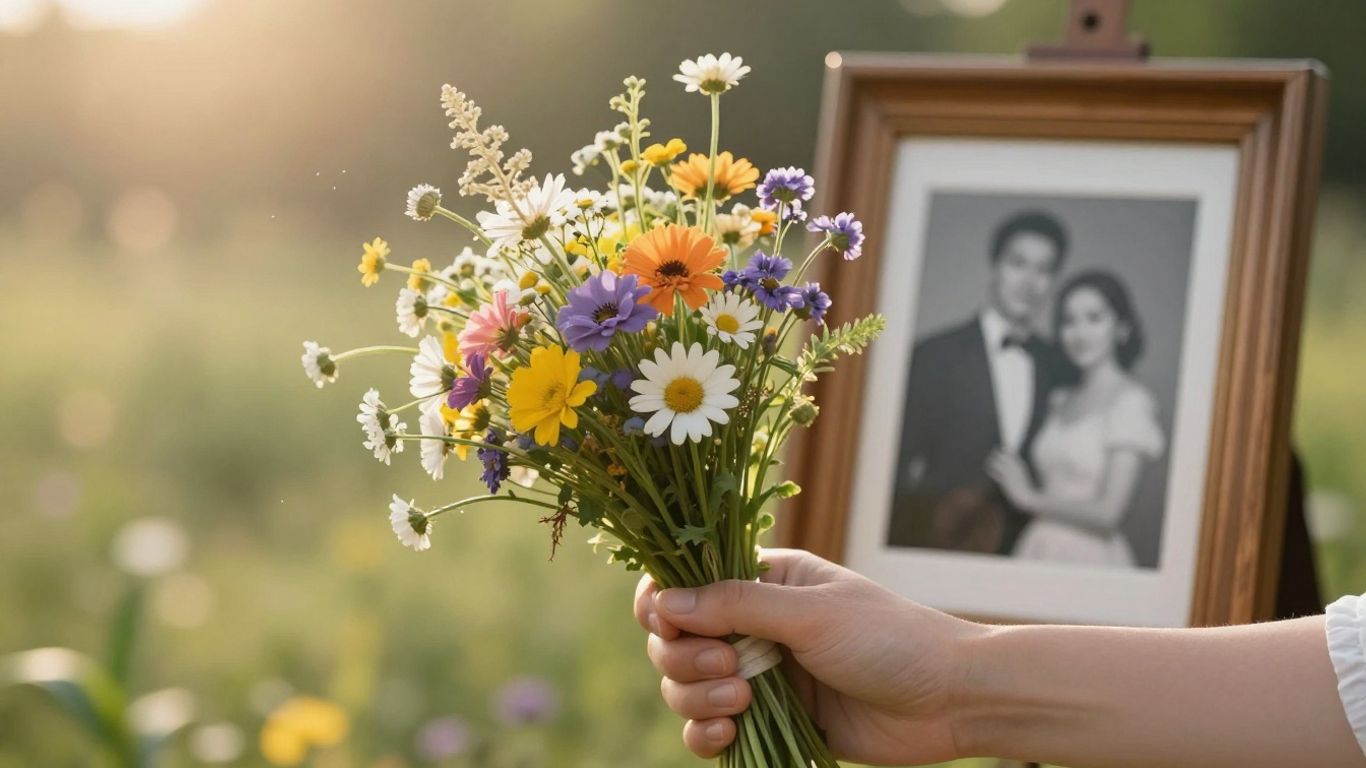 A personalized floral arrangement featuring small framed photographs