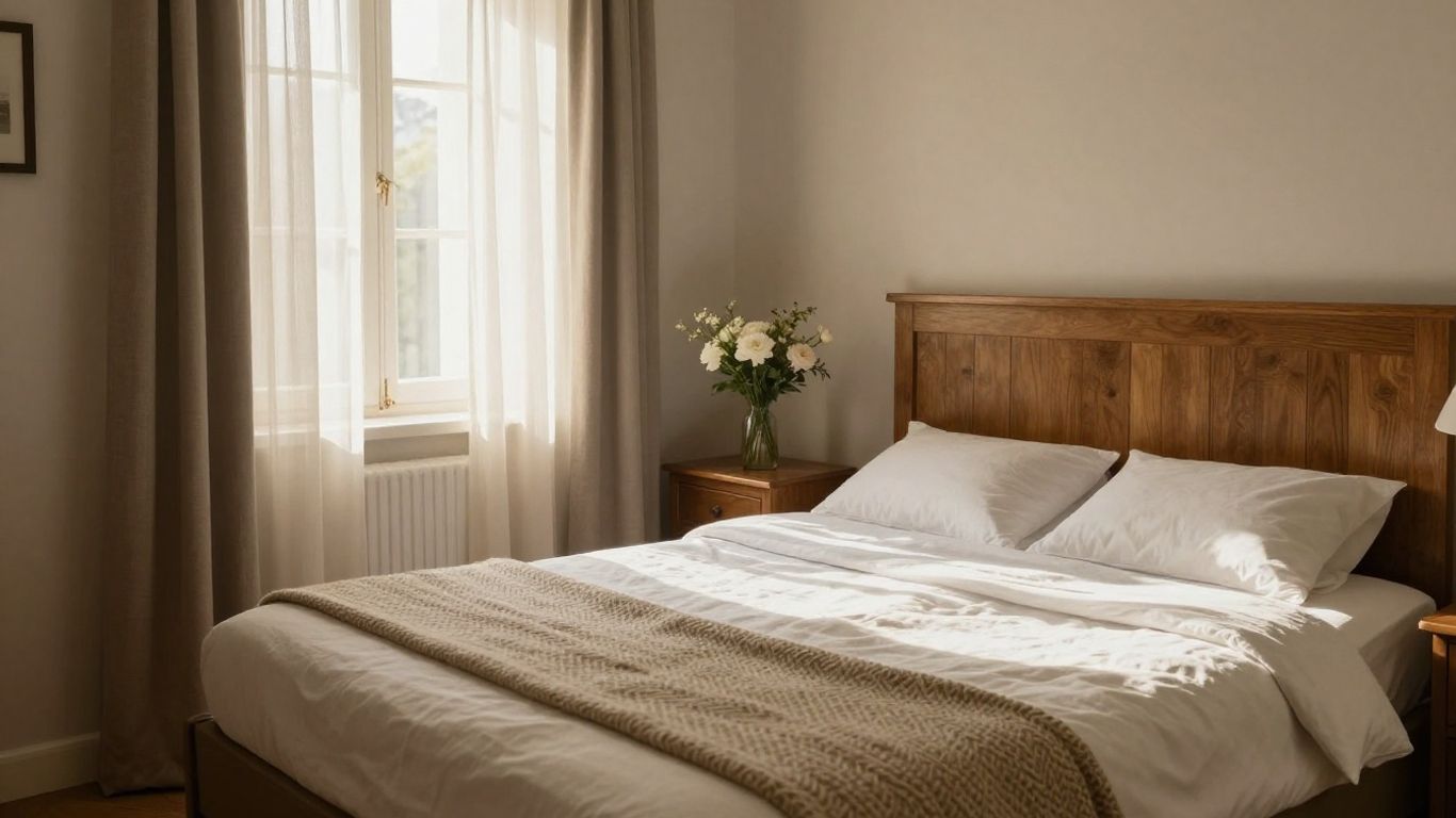 Chambre cosy avec lumière douce et literie blanche