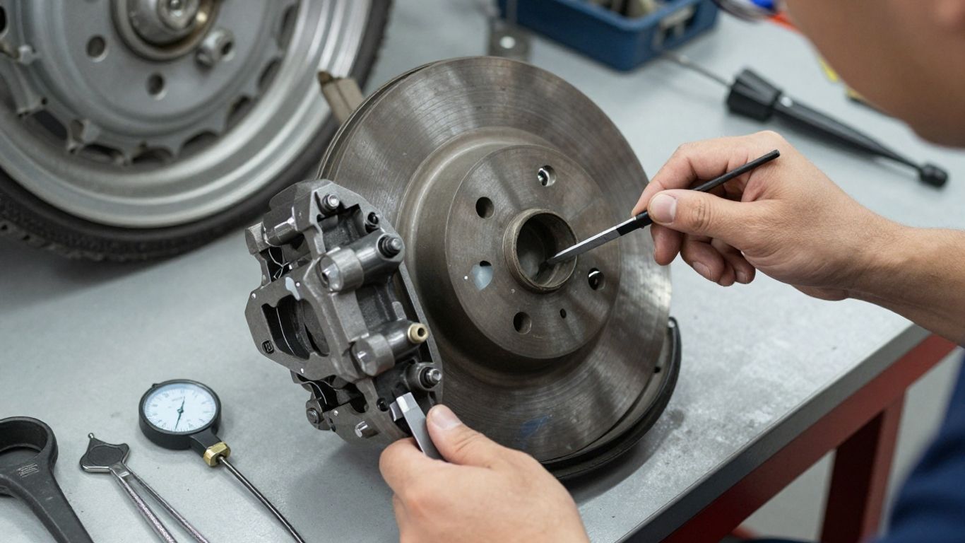 Mechanic inspecting brake pads and rotor