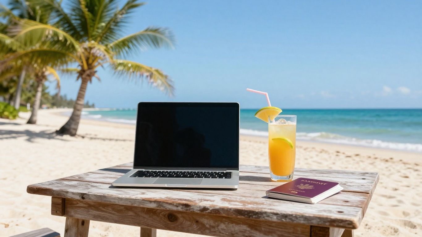 Laptop on beach table with passport and drink.