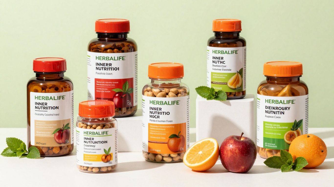 Herbalife inner nutrition products with fruits and leaves.