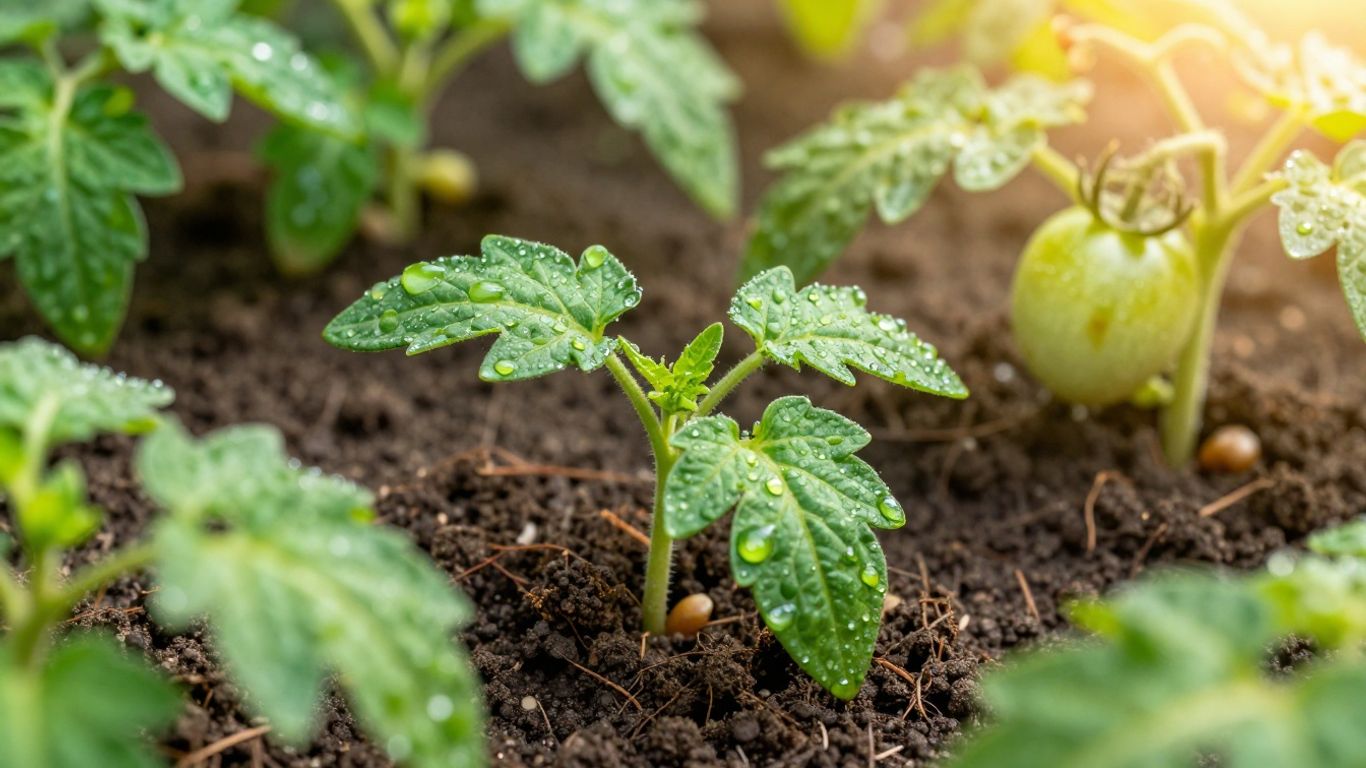 Mudas vibrantes e flores coloridas em um jardim exuberante.