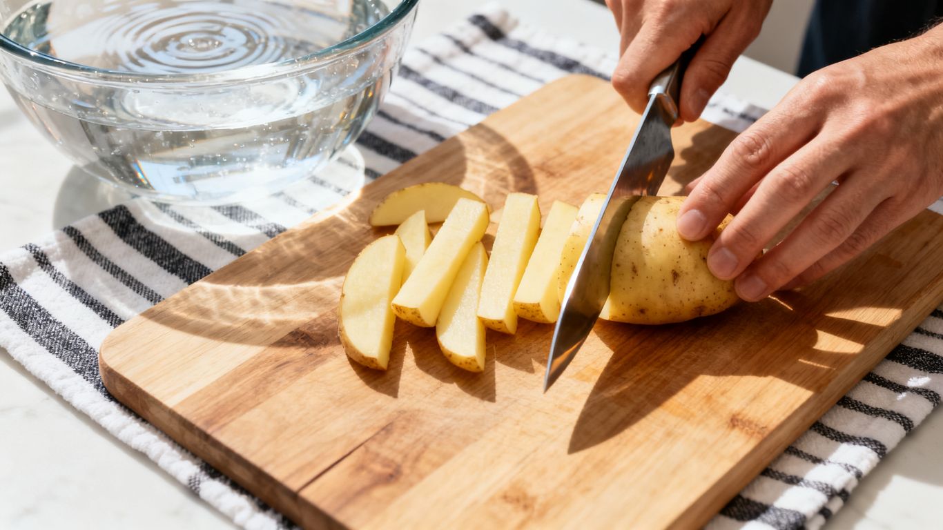 Handen snijden biologische aardappelen op houten plank
