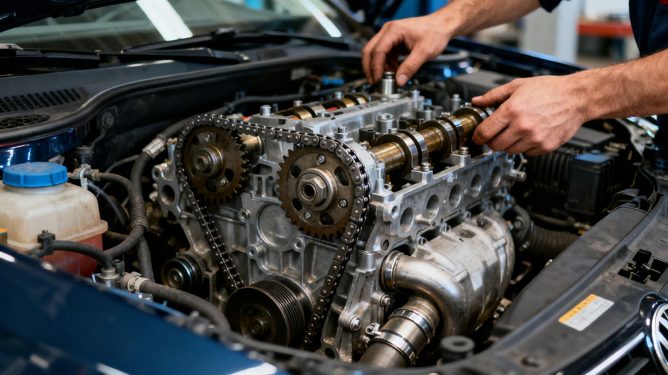 Motorraum eines gebrauchten VW mit Steuerkette
