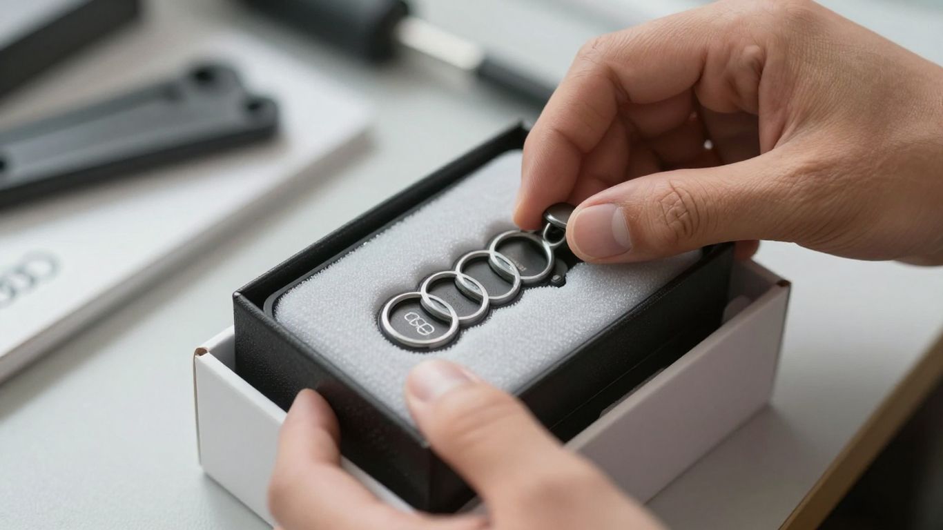Audi car part being carefully packaged for delivery.
