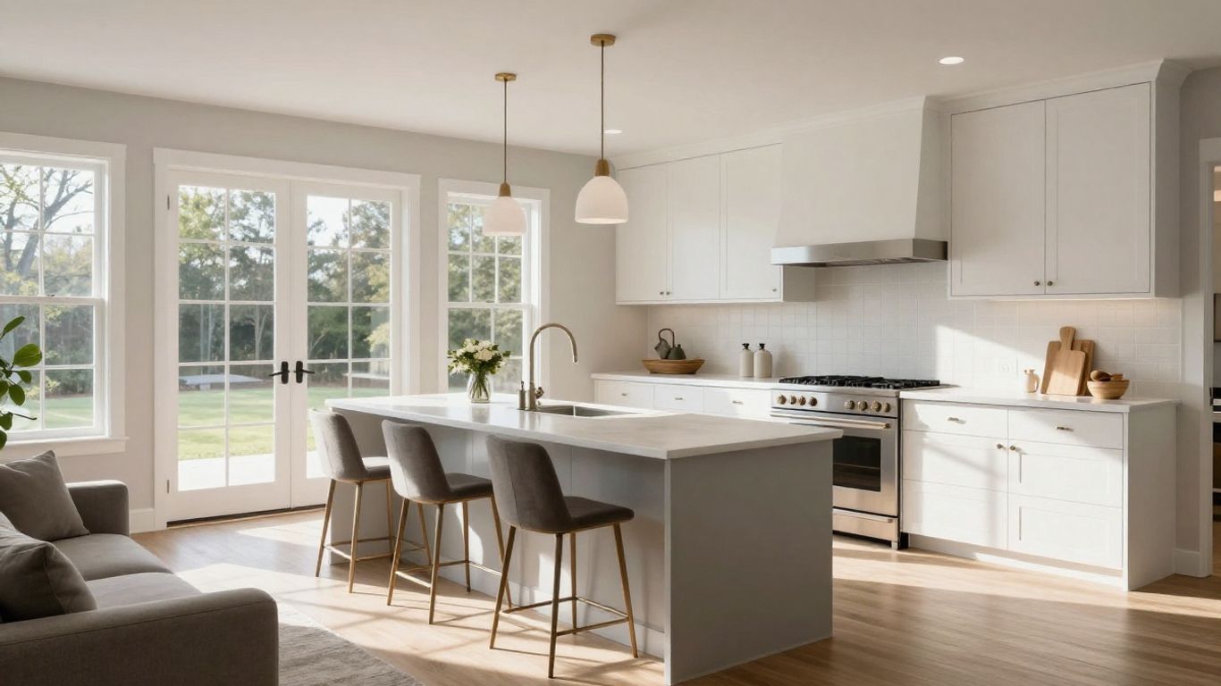 Modern living room and kitchen in a renovated Suwanee home.