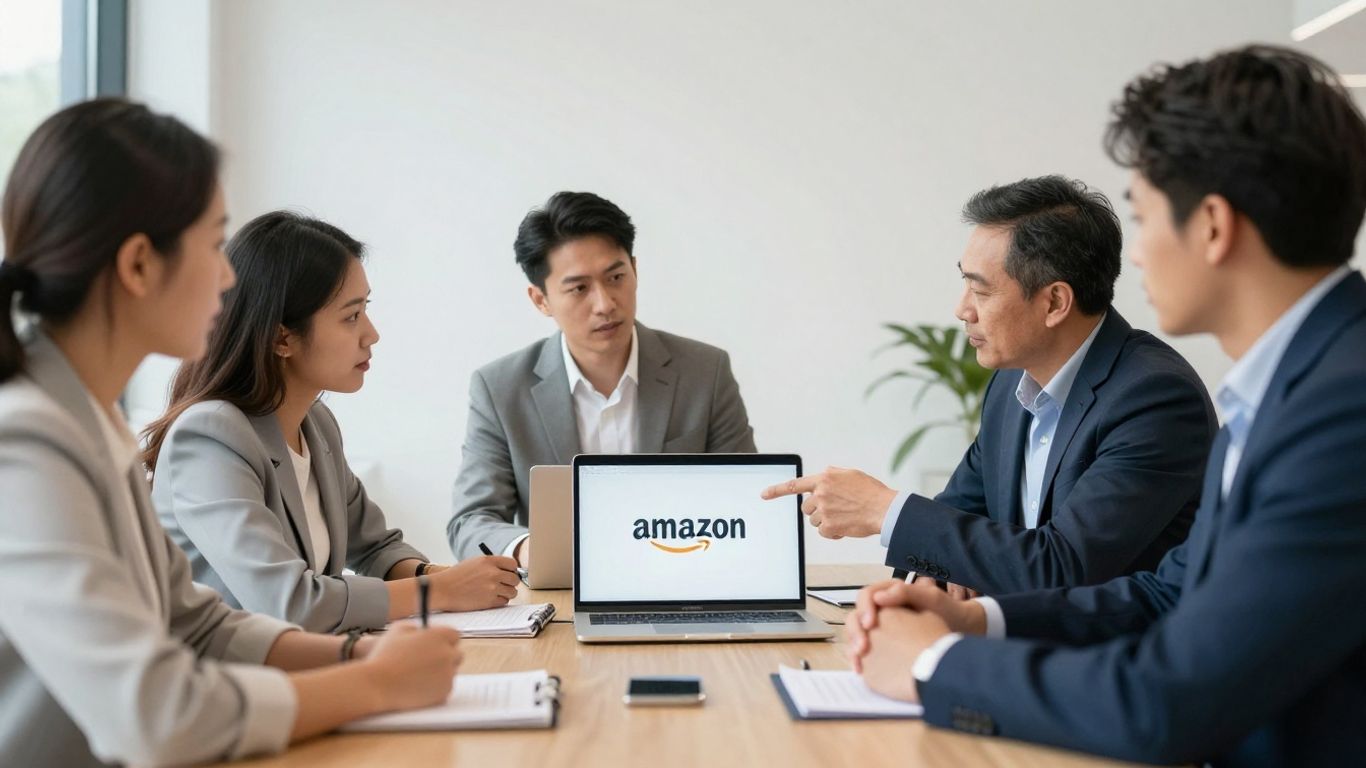 Business meeting discussing Amazon strategy