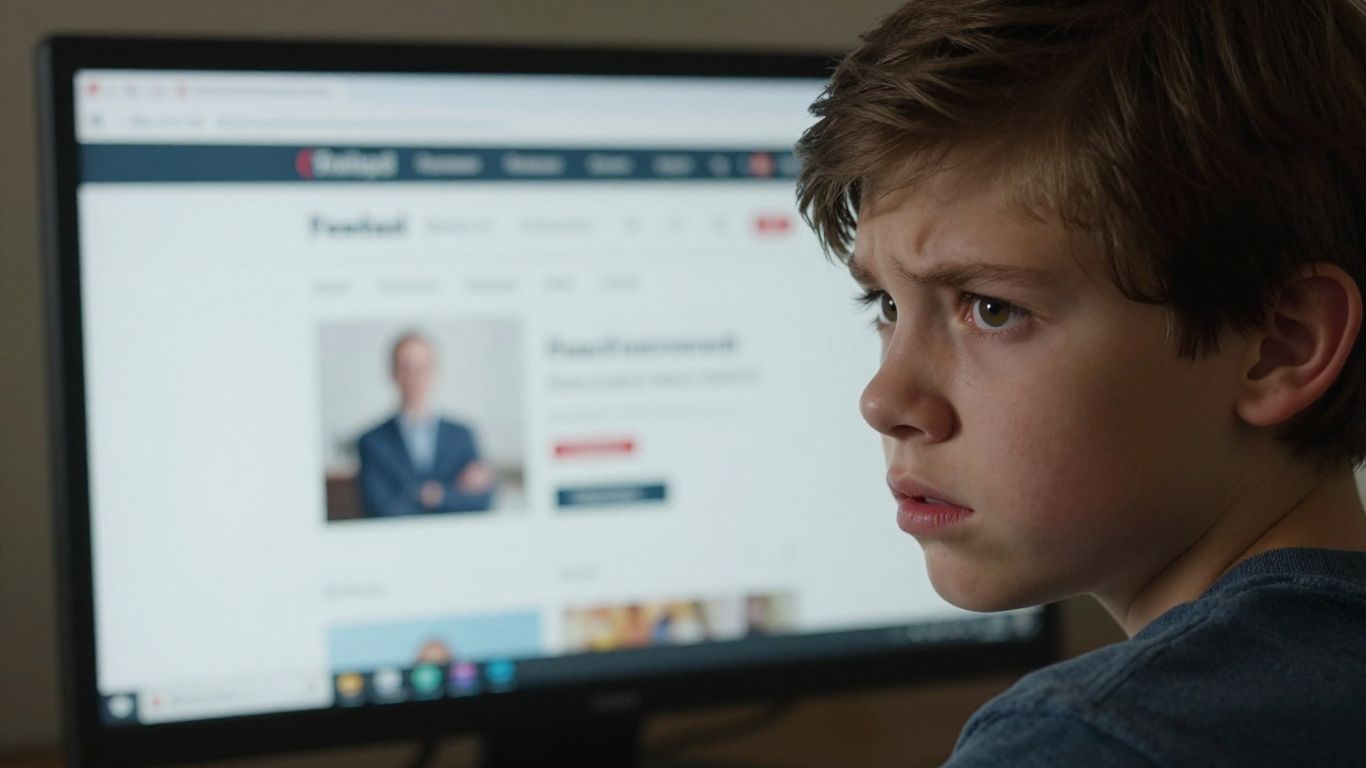 Confused student looking at a complex website on a computer.