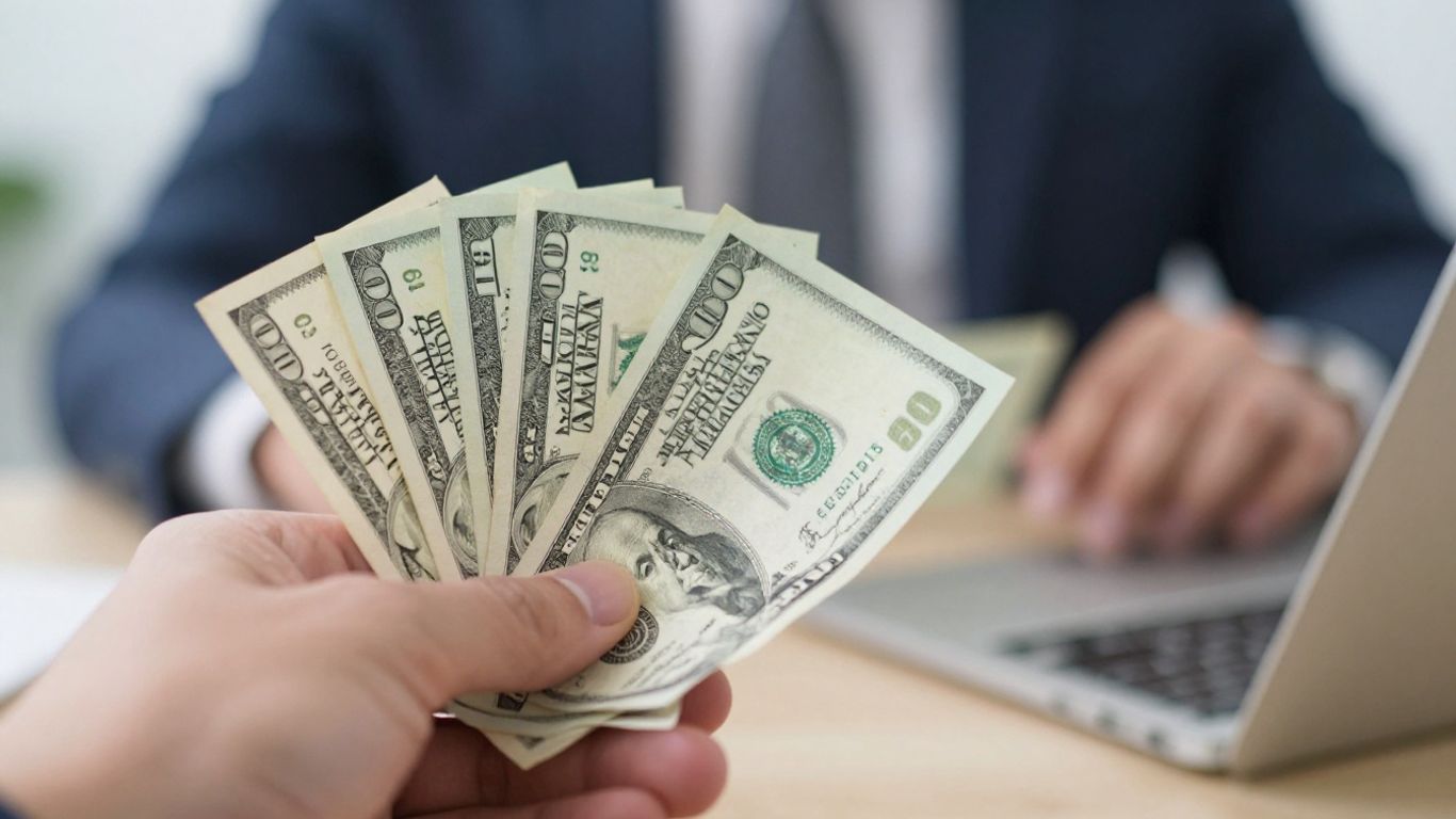 Money and a calculator showing profit calculation.
