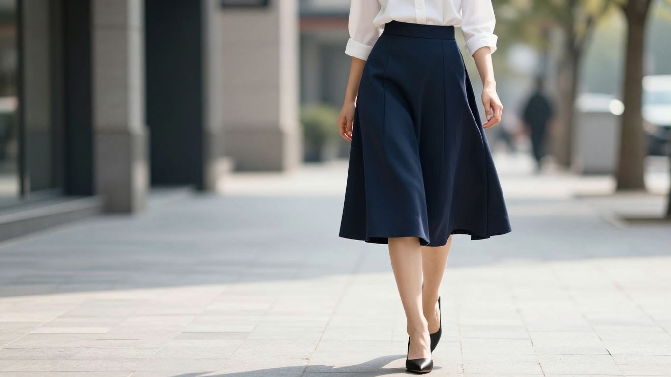 Woman wearing a navy A-line skirt and white blouse.