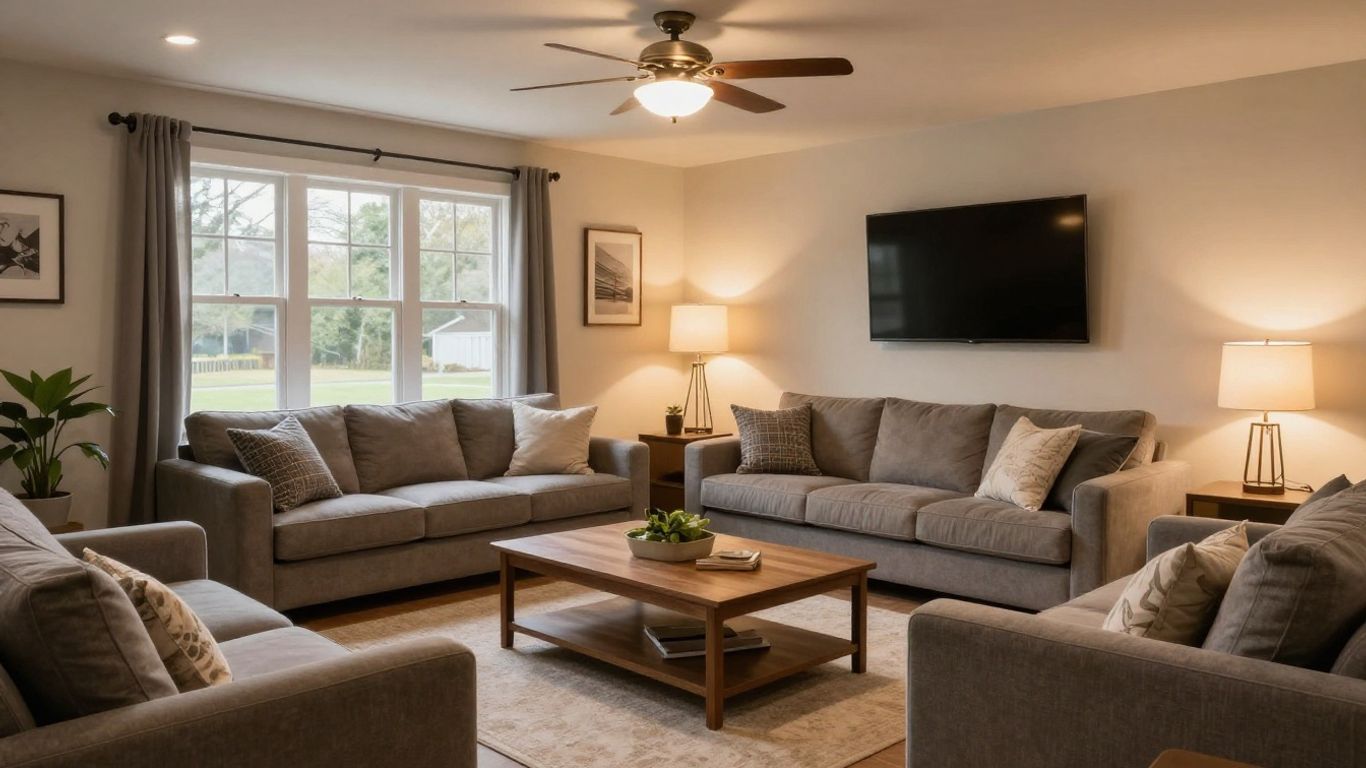 Finished basement living space in Dacula, Georgia.