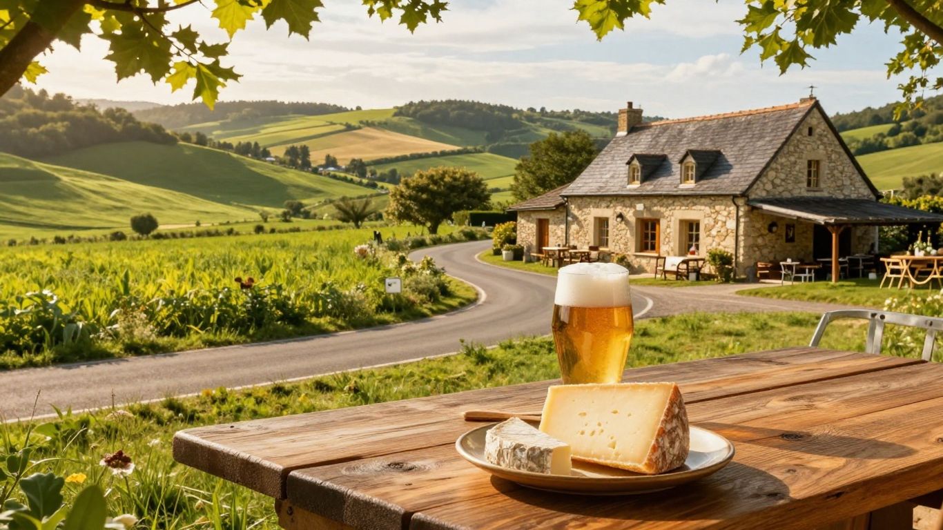 French countryside road to brewery with beer and cheese.