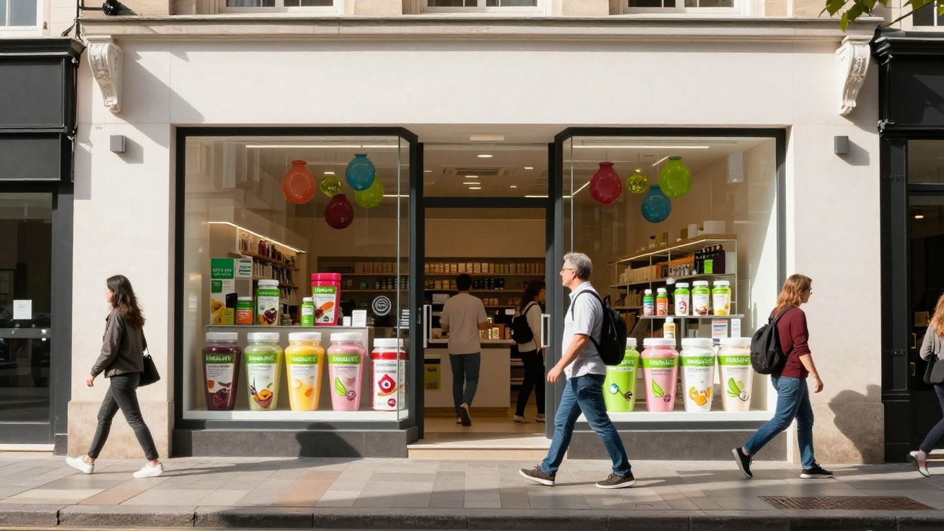 Herbalife shake store exterior with colorful products visible.