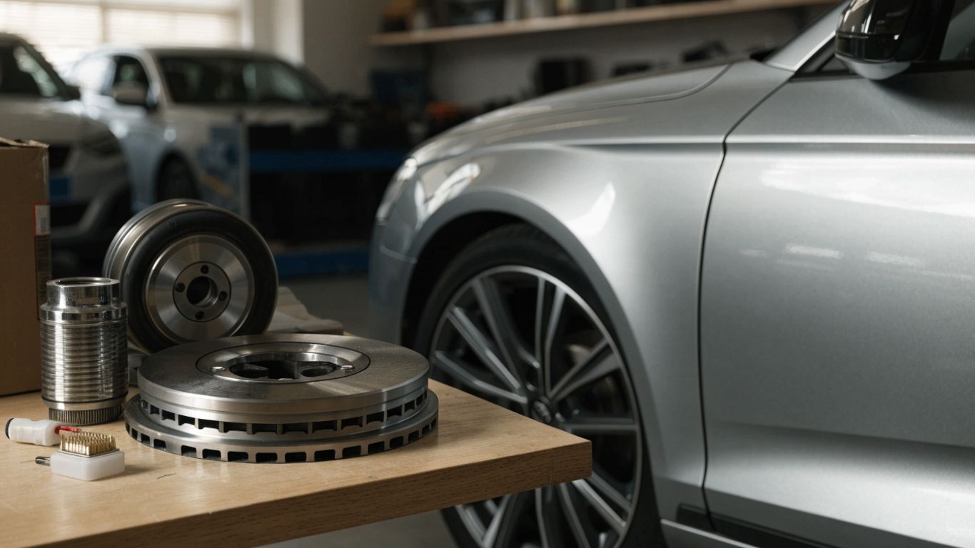 Audi replacement parts arranged beside a vehicle