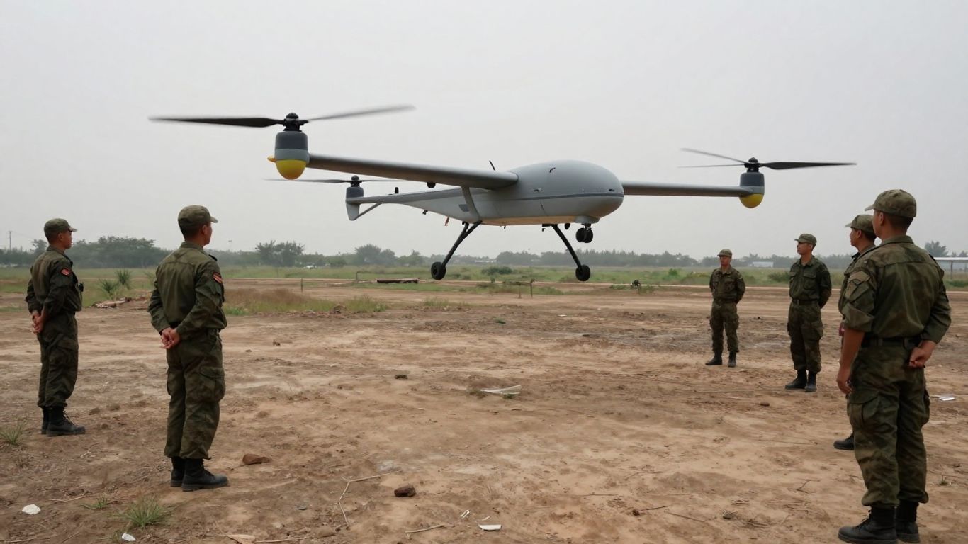 Soldiers observing a small quadcopter in flight