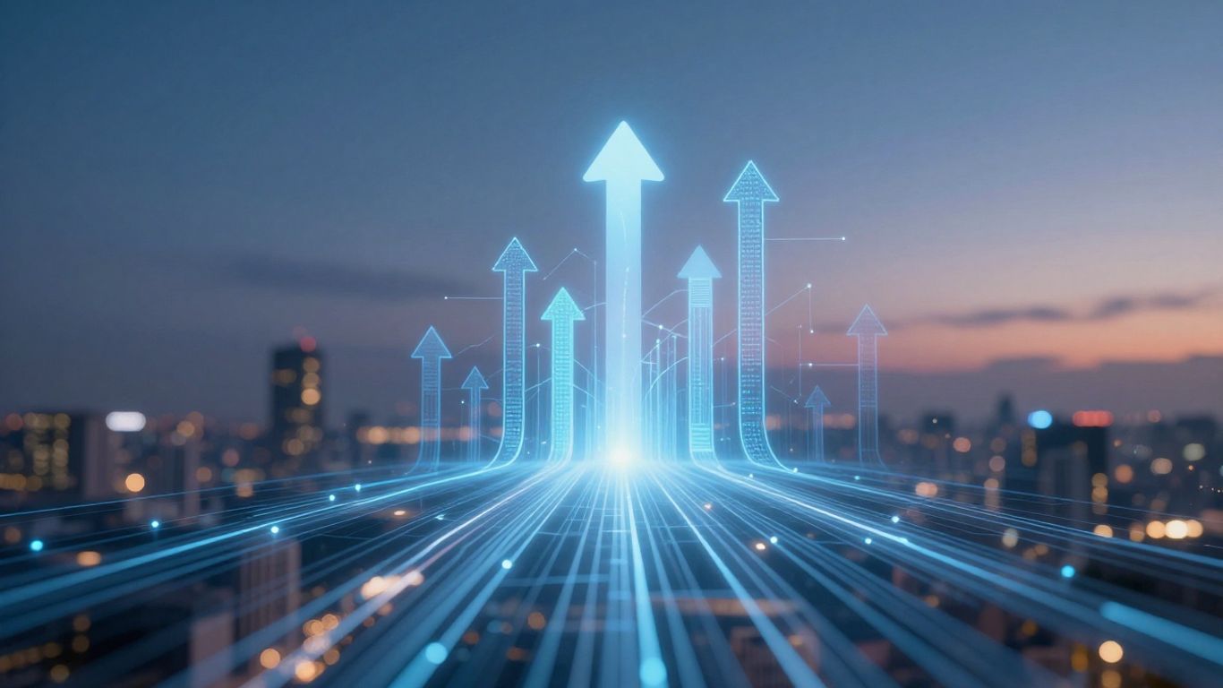 Digital growth funnel with glowing pathways and cityscape.