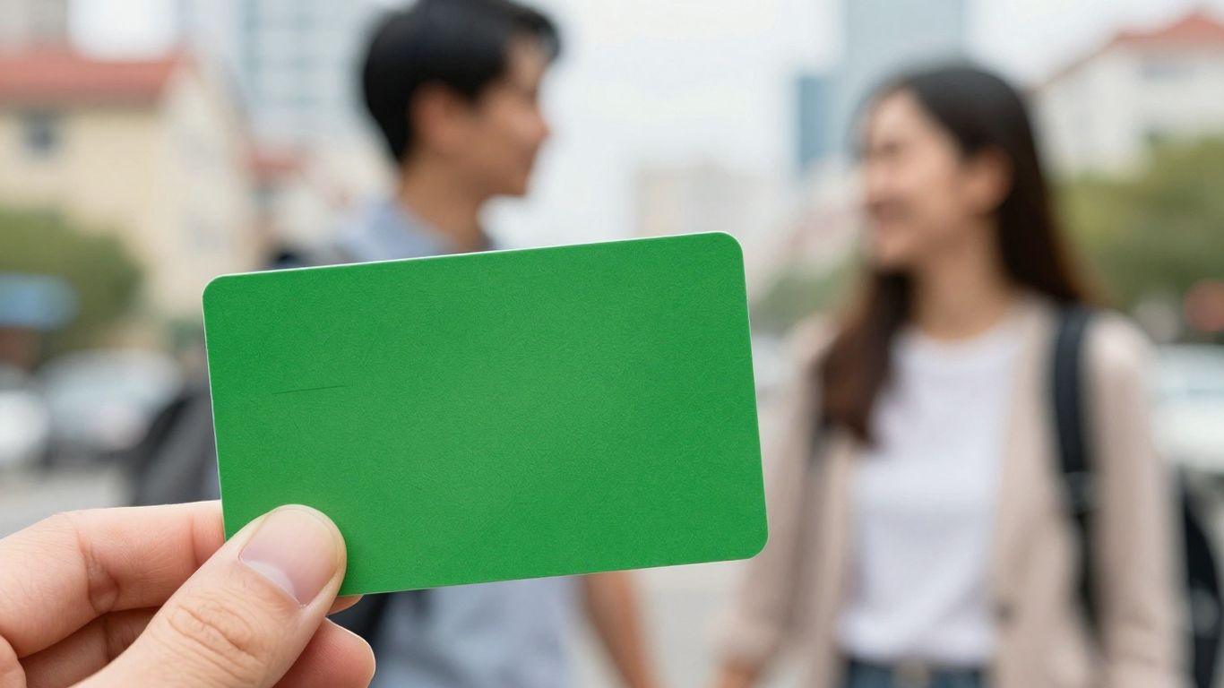 Pareja feliz con tarjeta verde en mano.