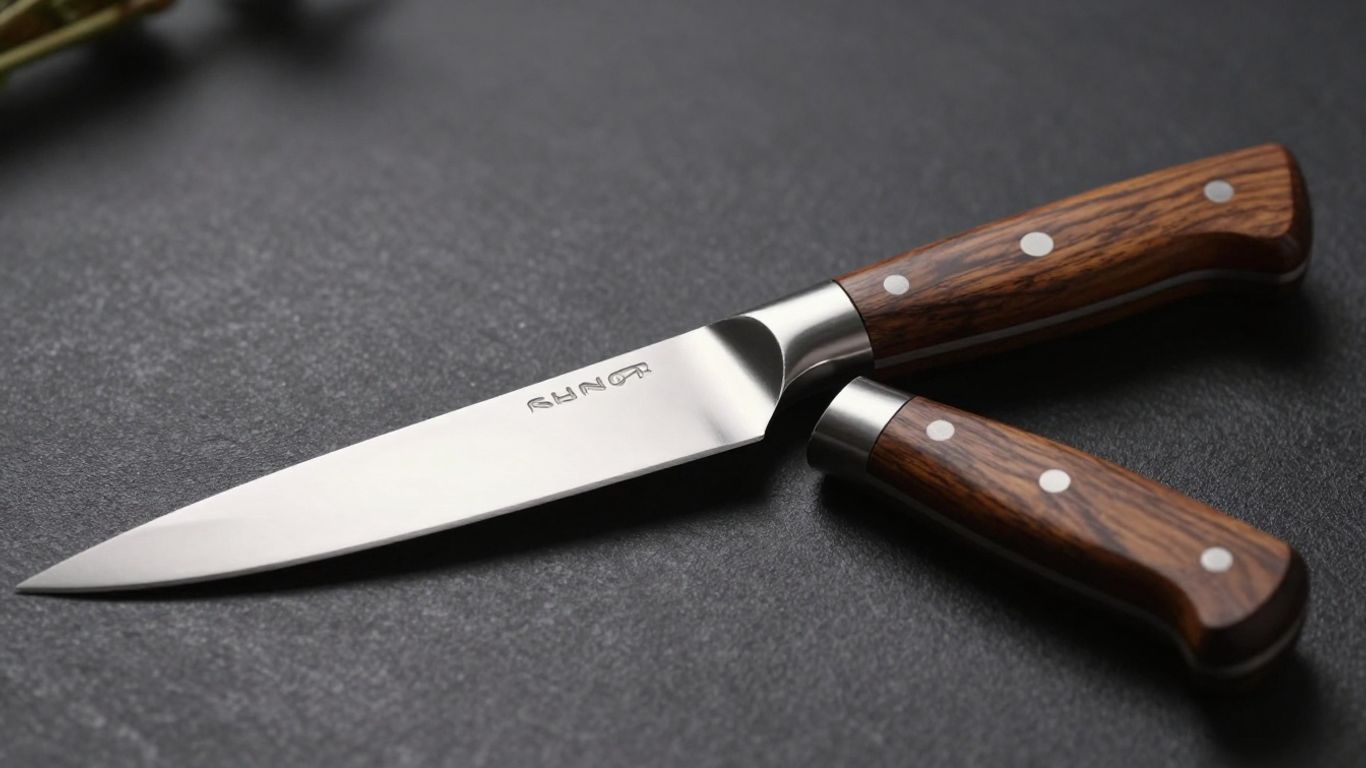 Gleaming high-end chef's knife with wooden handle.