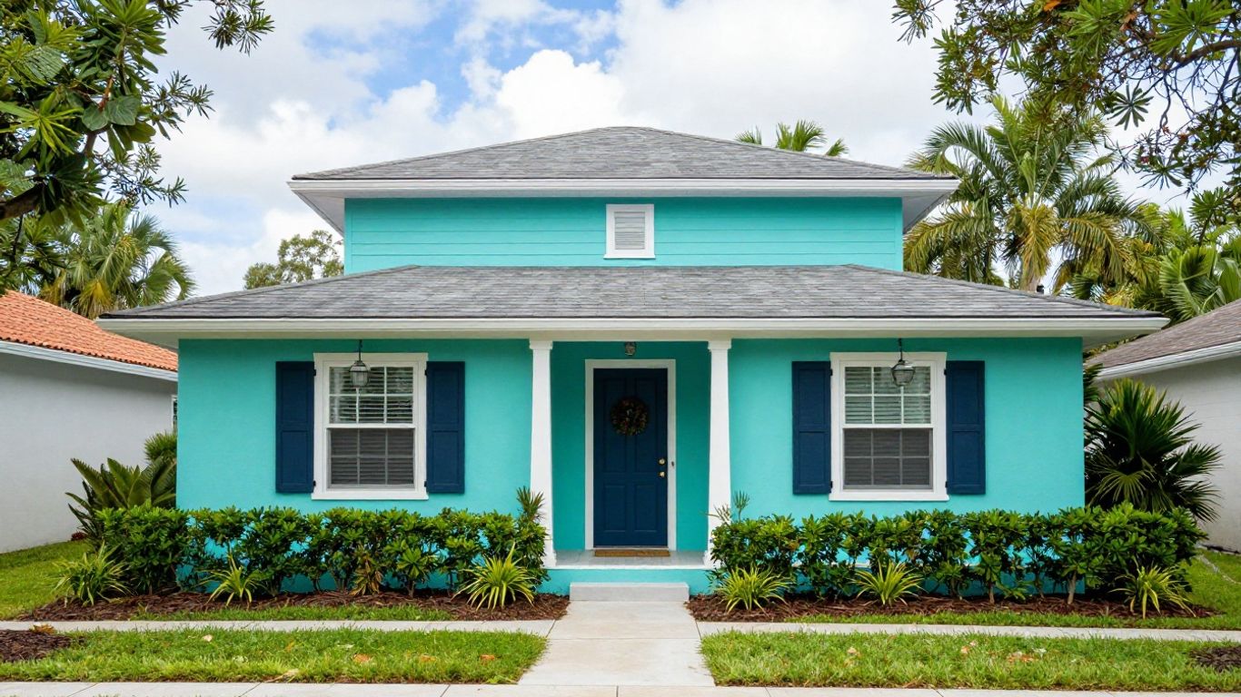 Freshly painted house exterior with vibrant colors and landscaping.