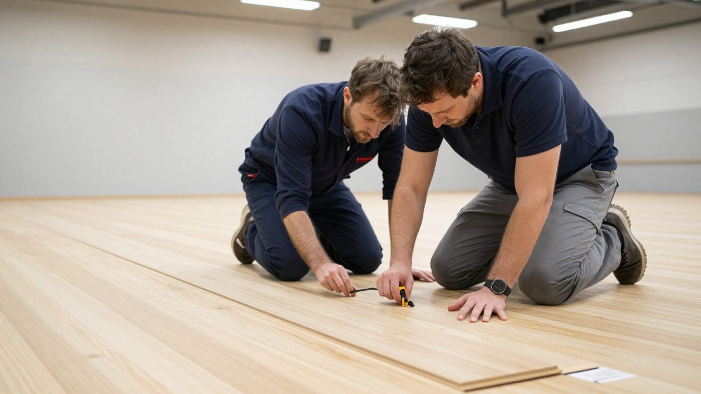 Technician testing moisture beneath sports hall flooring