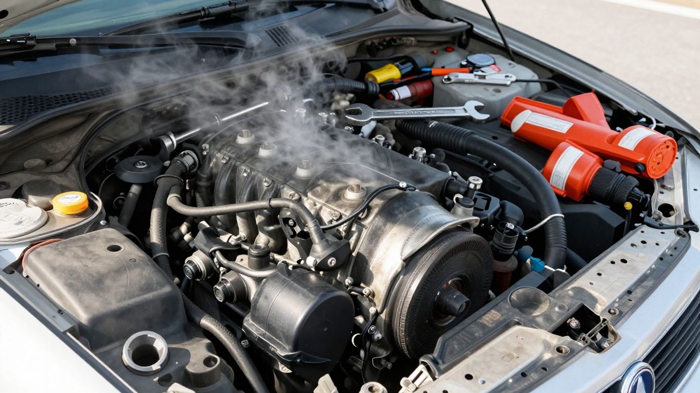 Overheated car engine with steam and emergency tools visible.