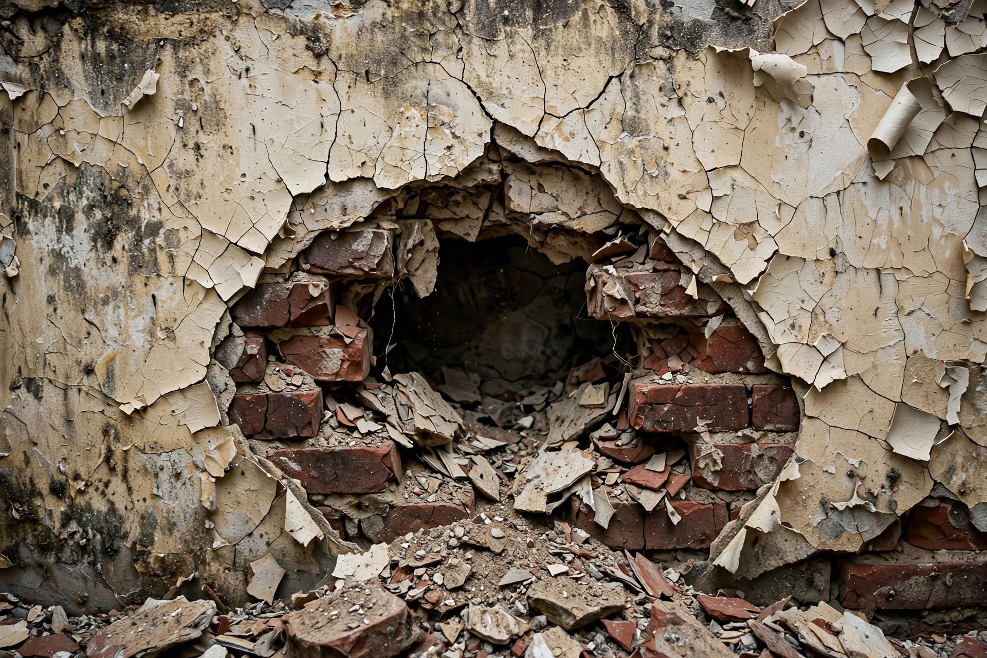 A ragged broken-out hole in a brick wall with cracked plaster and chipped masonry around its edges