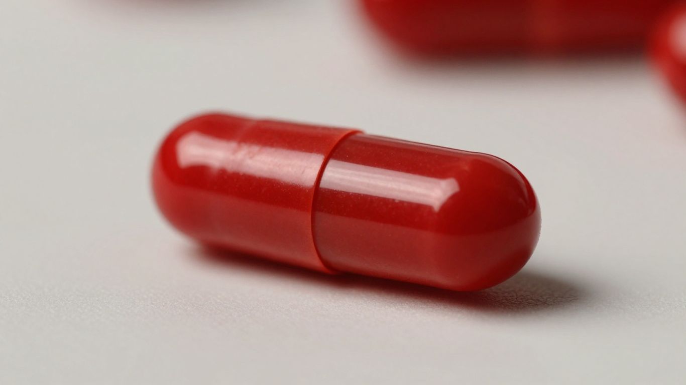 Red astaxanthin supplement capsule on a neutral surface.