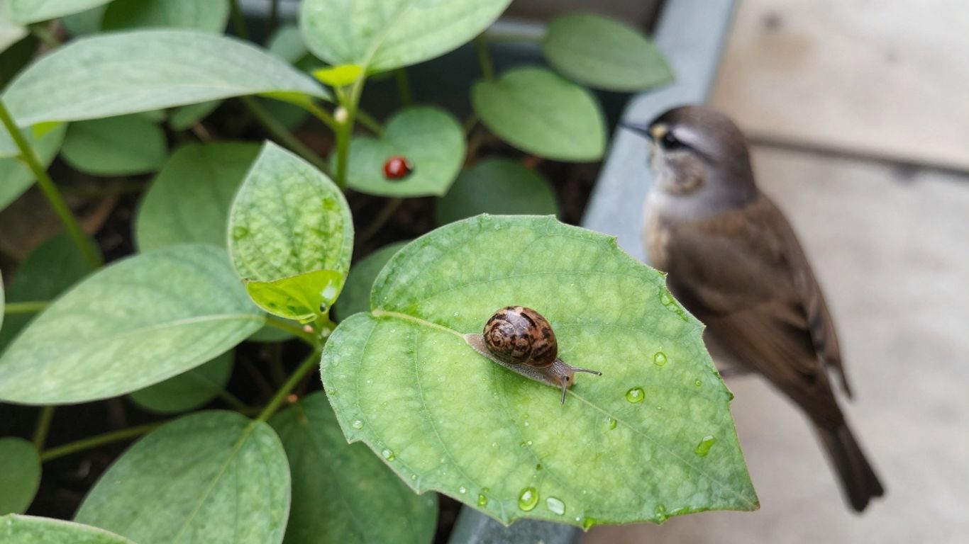 Schnecke auf Balkonpflanze mit Marienkäfer und Vogel