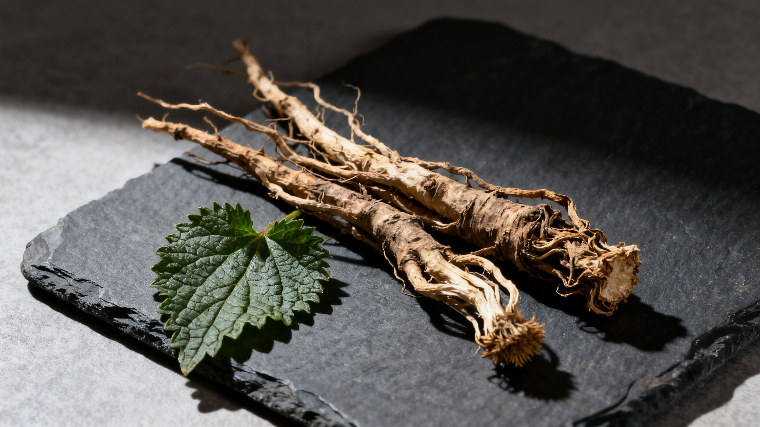 Gros plan sur des racines de pissenlit séchées et des feuilles d'ortie, posées sur une ardoise sombre. Une lumière dramatique latérale sculpte les textures, évoquant la purification et la santé rénale. Style magazine scientifique.