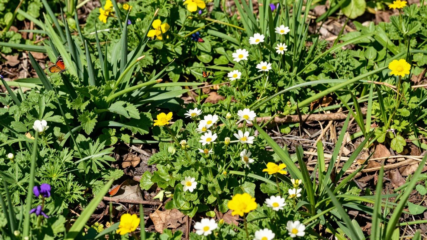 Frühlingsgarten mit Insekten, Unterschlupf und blühenden Pflanzen.