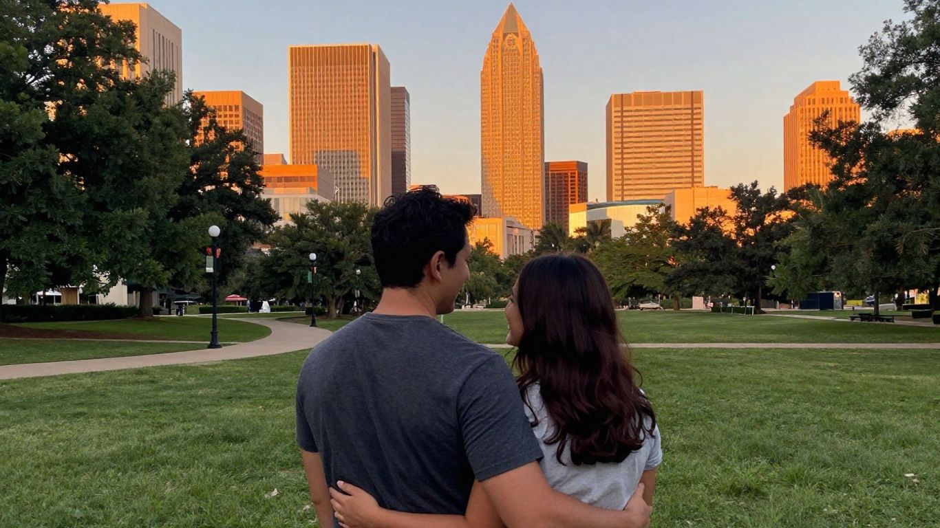 Couple in front of Dallas skyline at sunset.
