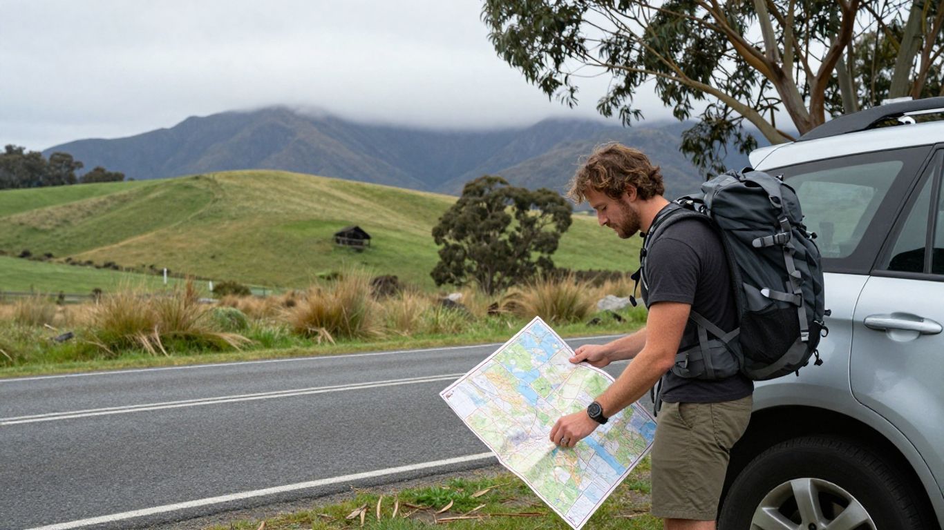 Backpacker planning a route beside a Tasmanian road