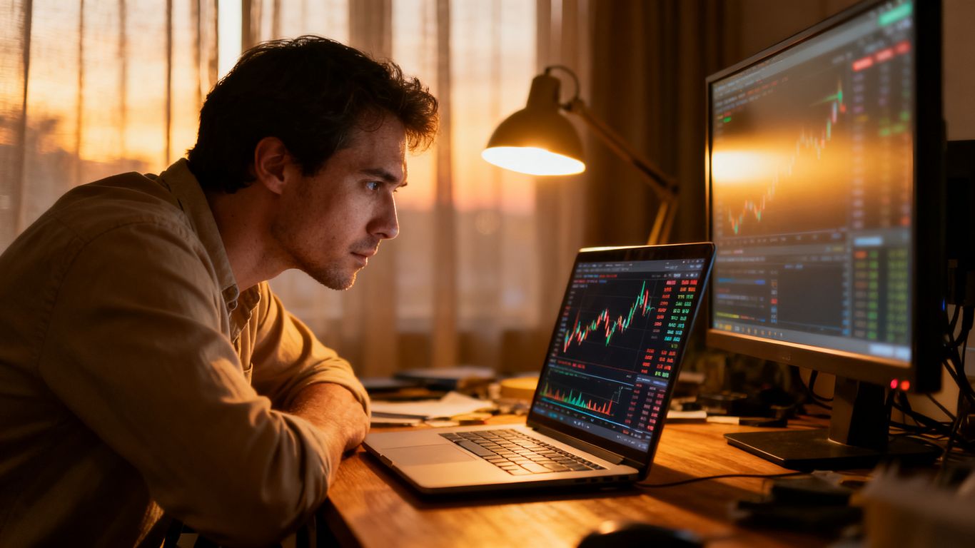 Trader studying cryptocurrency price movement at desk