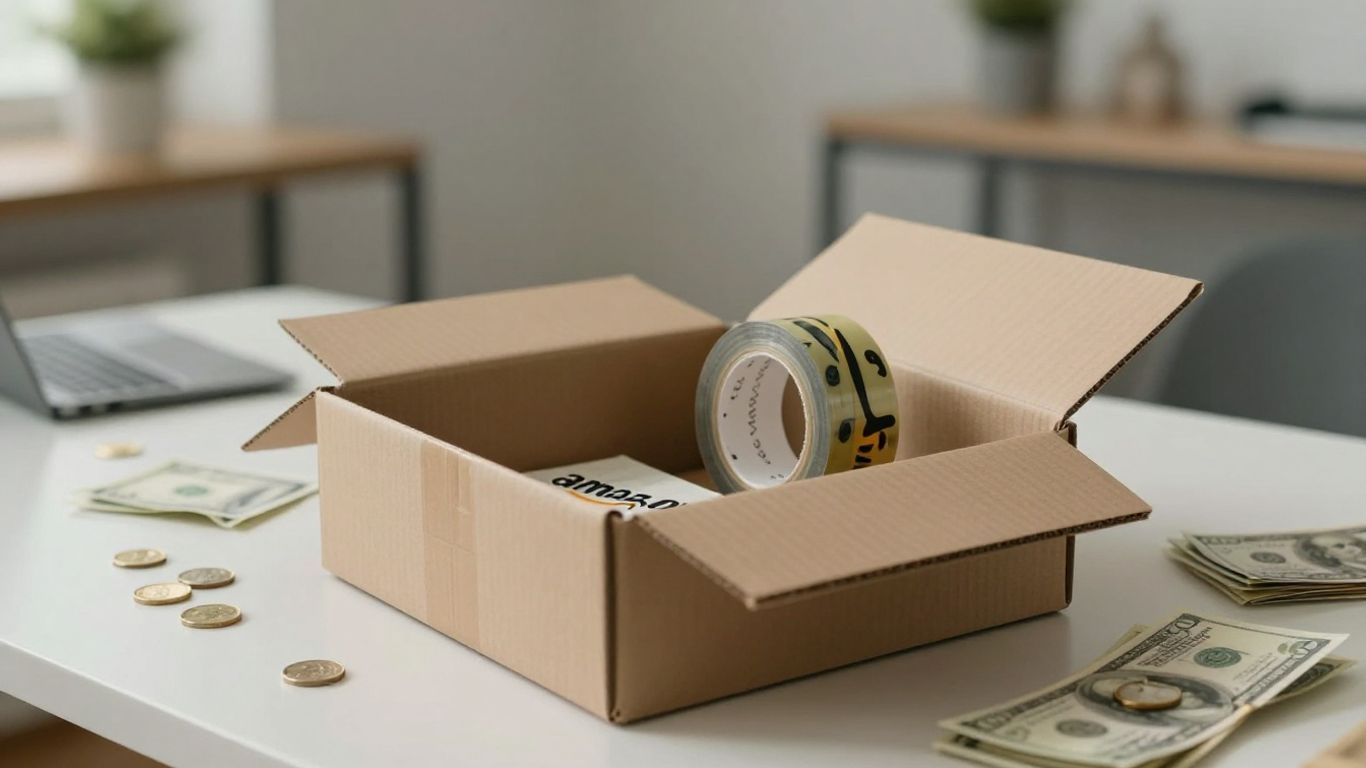 Amazon box with money representing selling and shipping fees