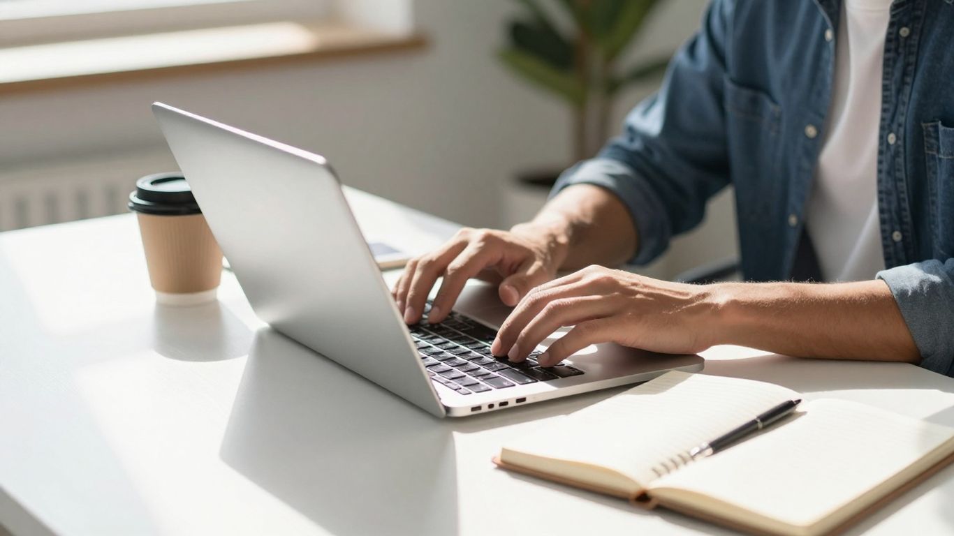 Person working productively on a laptop in a bright office.
