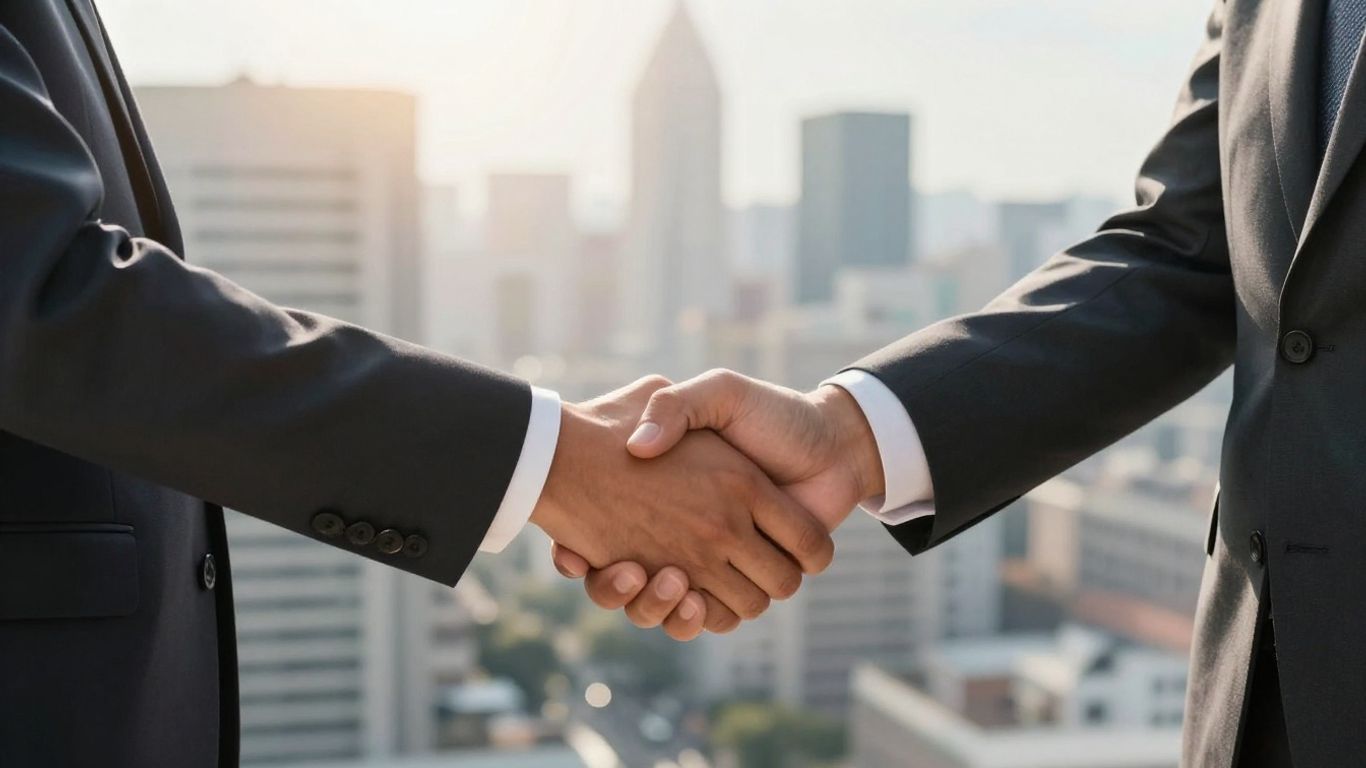 Business handshake symbolizing partnership and growth.