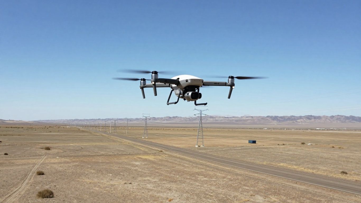 Drone inspecting power lines in California landscape.