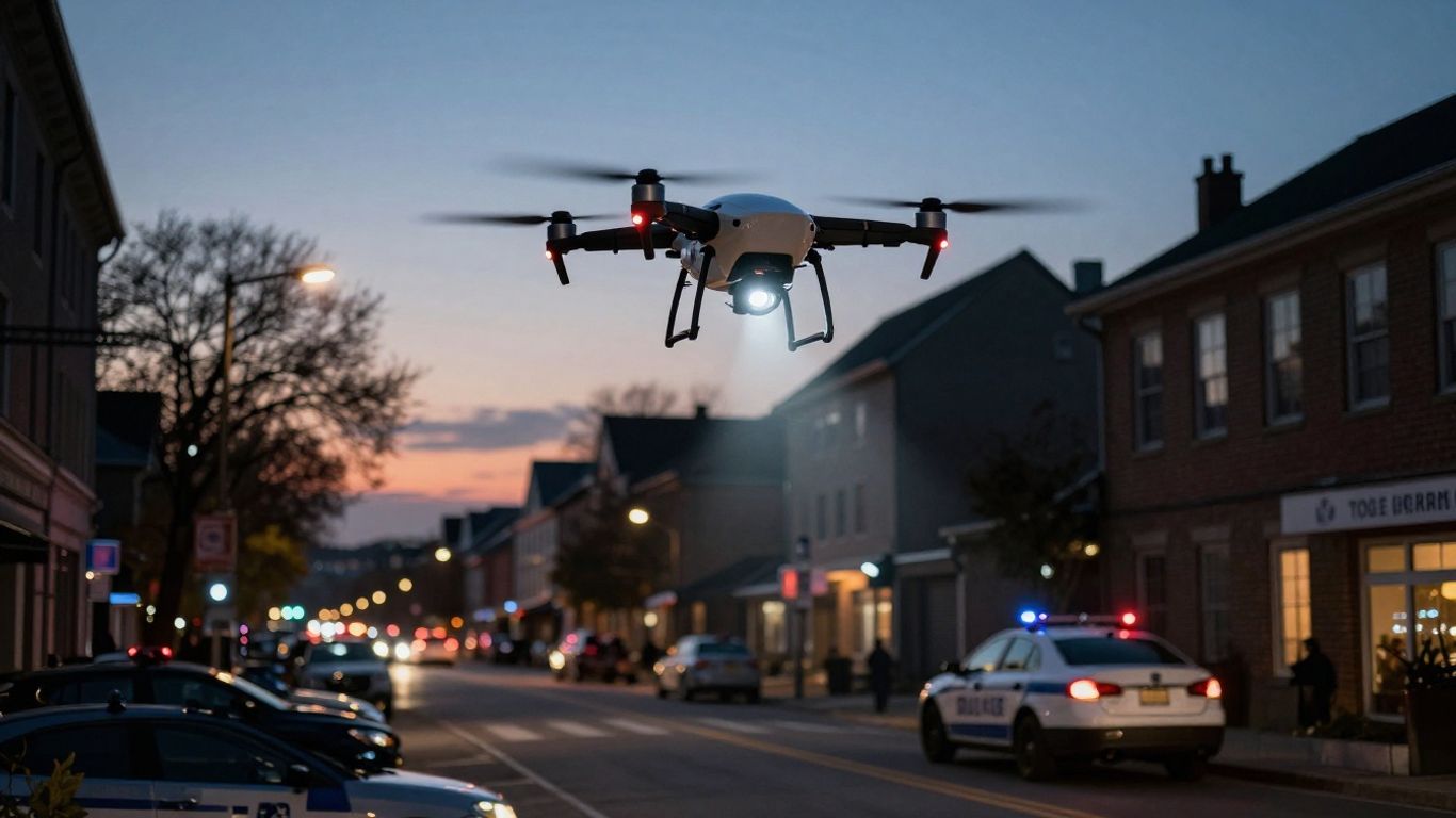 Drone assisting police in urban public safety operations.