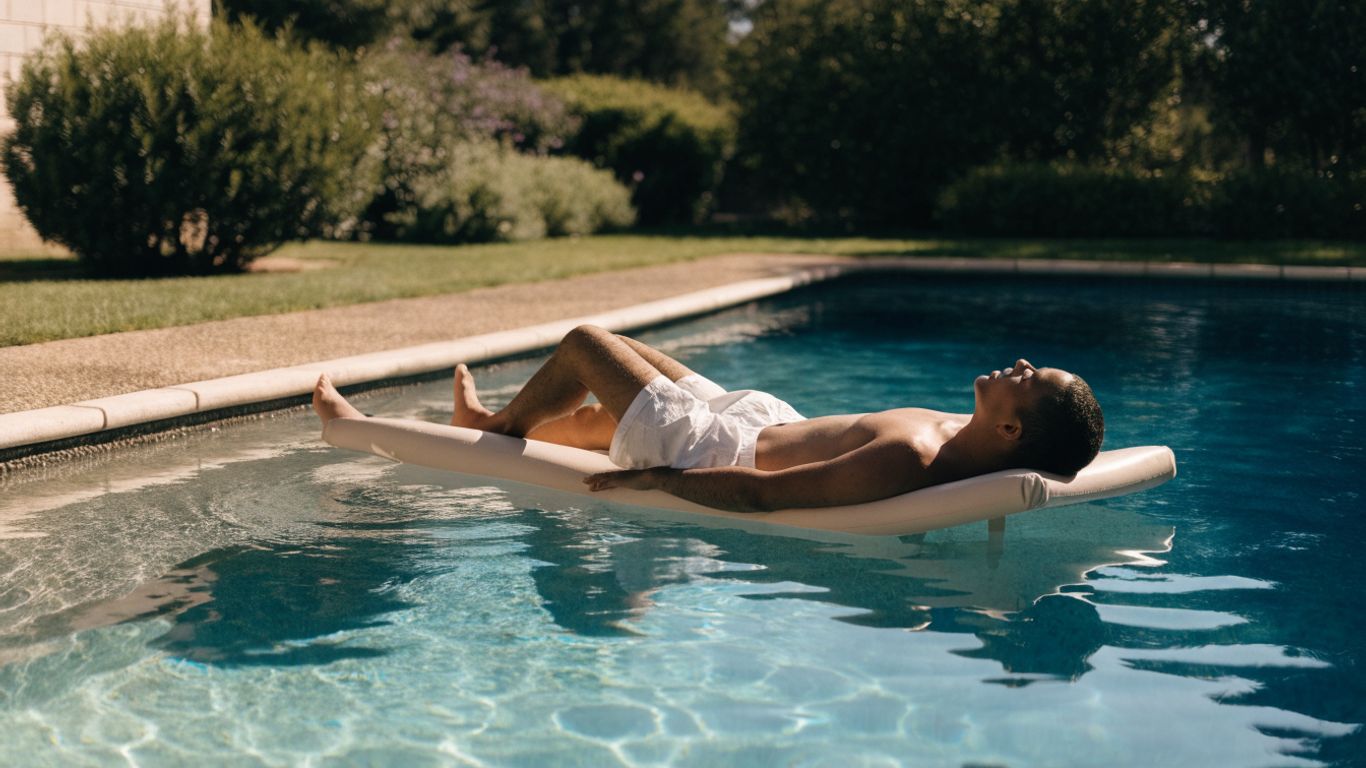 A reclining float resting on calm pool water