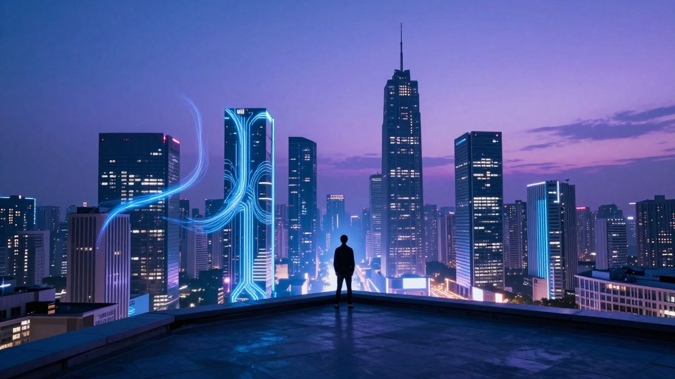 Futuristic cityscape with glowing digital streams at dusk.