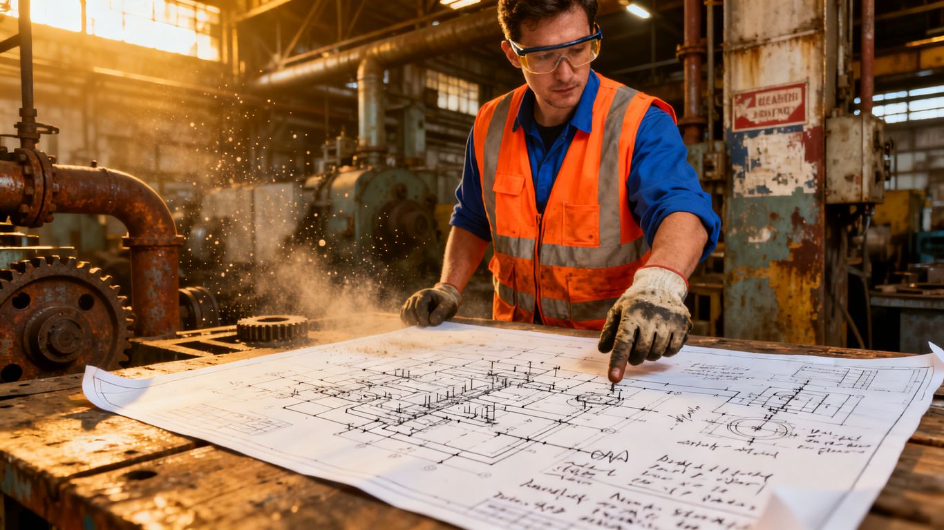 Technician reviewing industrial humidity system blueprints