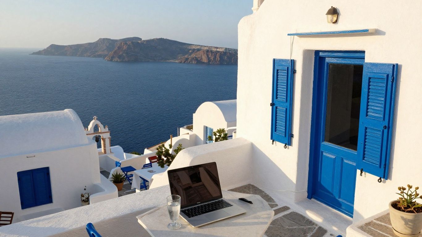 Whitewashed Greek village above the blue Aegean Sea