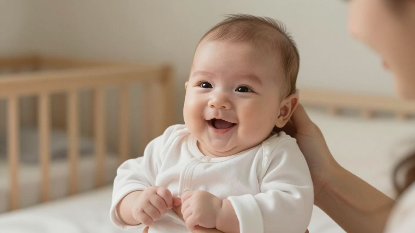 Bebé sonriente de 5 meses en brazos de un adulto.